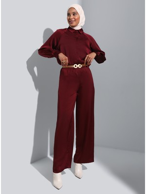 Refka Saten Tunik&pantolon Ikili Takım - Koyu Kızıl - Refka Woman