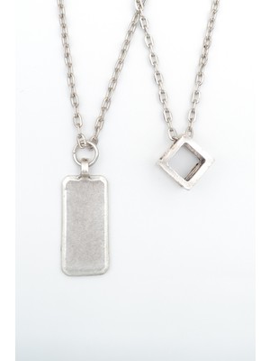 2'li Dikdörtgen - Küp Trend  Gümüş Kaplama Unisex Düz Zincir Kolye Seti kod 1051