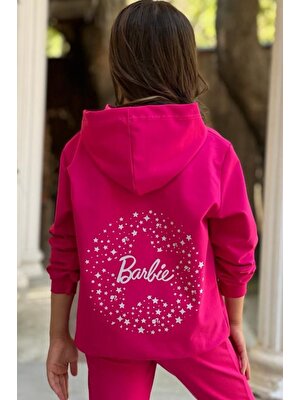 Riccotarz Kız Çocuk Barbie Baskılı Kapüşonlu Sweatshirt Ispanyol Paçalı Pembe Eşofman Takım