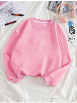 Trendseninle Kadın Pembe Düz Bisiklet Yaka Sweatshirt
