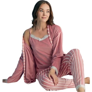 Kadın Fransız Kadife Sabahlıklı Dantel Detaylı Pijama Takımı (Üçlü Set)