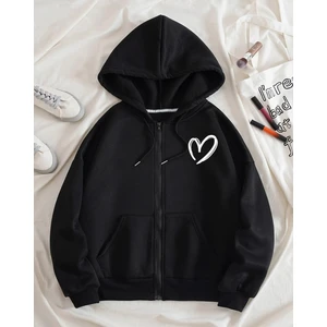 Kids Face Özel Tasarım Kapüşonlu Tam Fermuarlı Beyaz Kalp Baskılı Tam Kışlık Kız Çocuk Sweatshırt