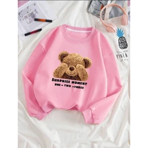 Kadın Pembe Utangaç Ayıcık Baskılı Bisiklet Yaka Sweatshirt
