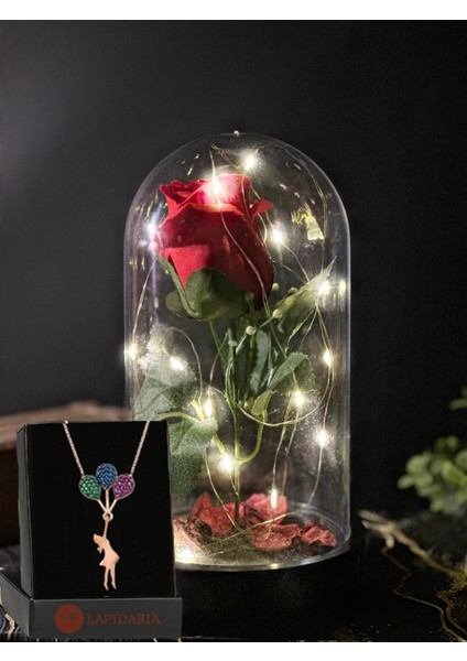 Cam Fanus Içerisinde Peri LED Işıklı Solmayan Kırmızı Gül Lamba ve Uçan Balonlu Kız Kaplama Kolye