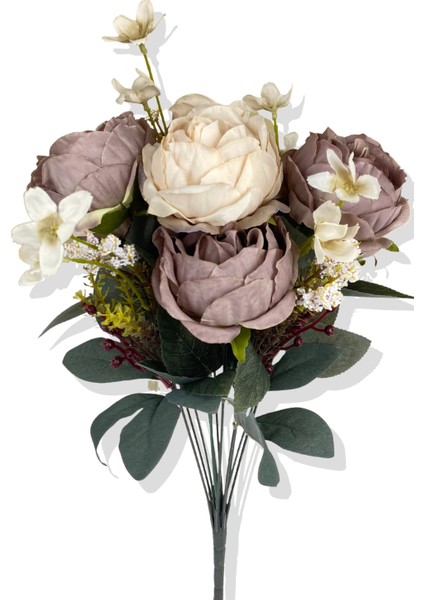 Yapay Krem Mor Çiçek Detaylı Gül Demeti 45 cm