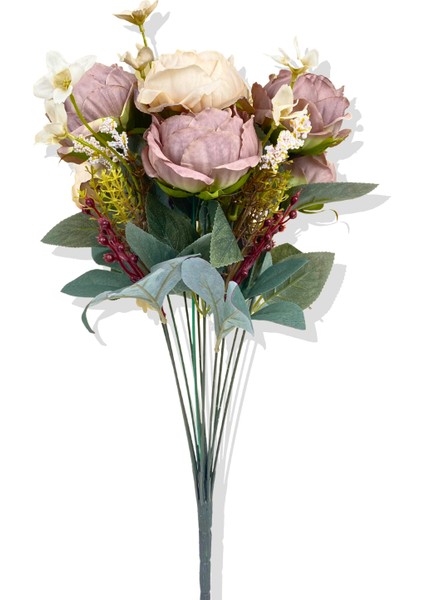 Yapay Krem Mor Çiçek Detaylı Gül Demeti 45 cm fiyatları