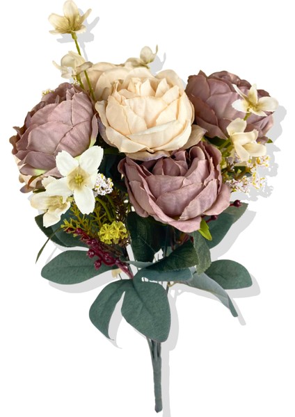 Yapay Krem Mor Çiçek Detaylı Gül Demeti 45 cm modelleri