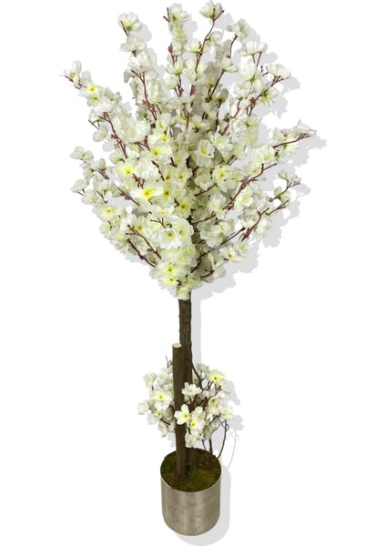 Beyaz Bahar Dalı Yapay Ağaç 120 cm 15X15 Galvaniz Saksı