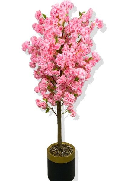 Pembe Lüx Yeşil Yaprak Detaylı Bahar Dalı 160 cm Yapay Ağaç 30X25 Gold Kemerli Saksı