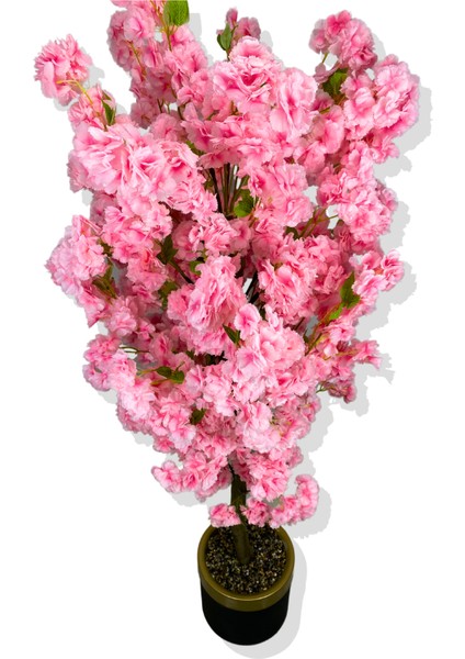 Pembe Lüx Yeşil Yaprak Detaylı Bahar Dalı 160 cm Yapay Ağaç 30X25 Gold Kemerli Saksı modelleri