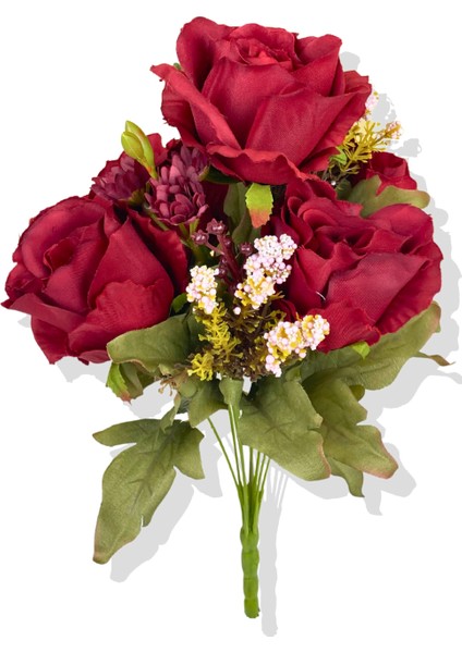 Yapay Kırmızı Ayçiçek Detaylı Gül Demeti 45 cm 9 Dal