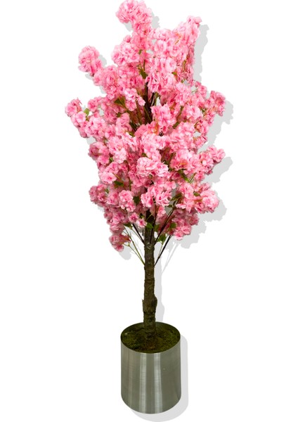 Pembe Lüx Yeşil Yaprak Detaylı Bahar Dalı 160 cm Yapay Ağaç 25X25 Galvaniz Saksı