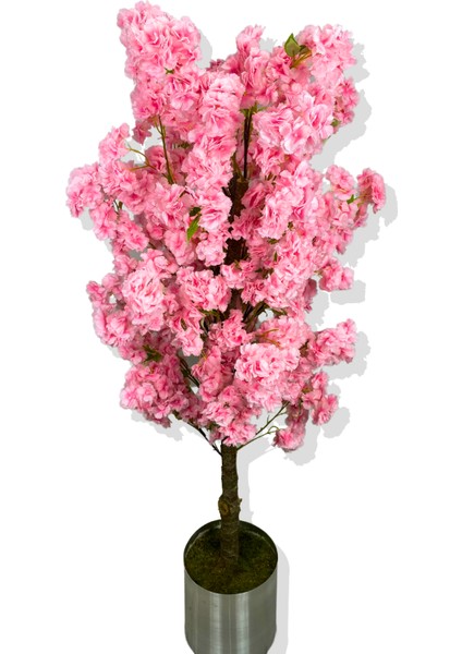 Pembe Lüx Yeşil Yaprak Detaylı Bahar Dalı 160 cm Yapay Ağaç 25X25 Galvaniz Saksı modelleri