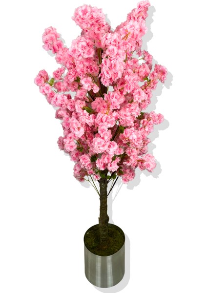 Pembe Lüx Yeşil Yaprak Detaylı Bahar Dalı 180 cm Yapay Ağaç 30X30 Metal Saksı