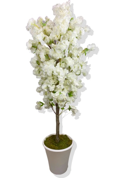 Beyaz Lüx Yeşil Yaprak Detaylı Bahar Dalı 180 cm Yapay Ağaç Beyaz Saksı