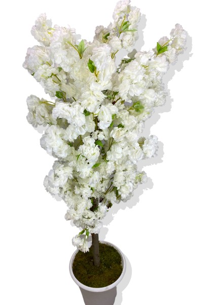 Beyaz Lüx Yeşil Yaprak Detaylı Bahar Dalı 180 cm Yapay Ağaç Beyaz Saksı modelleri