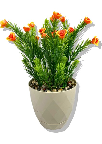 Yapay Mini Saksıda Turuncu Gül 28 cm Antrasit Saksı