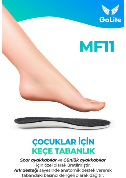Bebek ve Çocuk İçin Spor Ayakkabı Patik İç Tabanlığı, Ark Destekli Gündelik Tabanlık Kışlık - MF11 Siyah Keçeli - 18/19 Numara