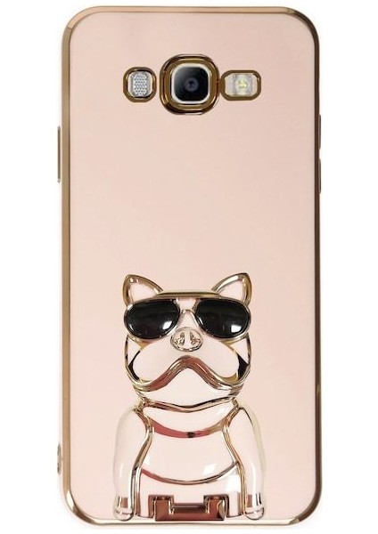 Samsung Galaxy J7 2015 Case Kılıf Kamera Korumalı Köpek Desenli Standlı Silikon Pembe