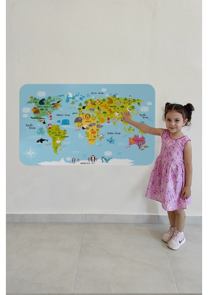 Eğitici Dünya Haritası Dünya Atlası Çocuk ve Bebek Odası Duvar Stıcker 3830