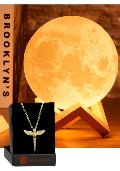 3D Ahşap Standlı Ay Gece Lambası Kalp Kolye Hediyeli Küre LED Başucu Lambası