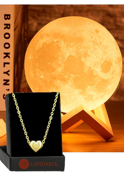 3D Ahşap Standlı Ay Gece Lambası Kalp Kolye Hediyeli Küre LED Başucu Lambası