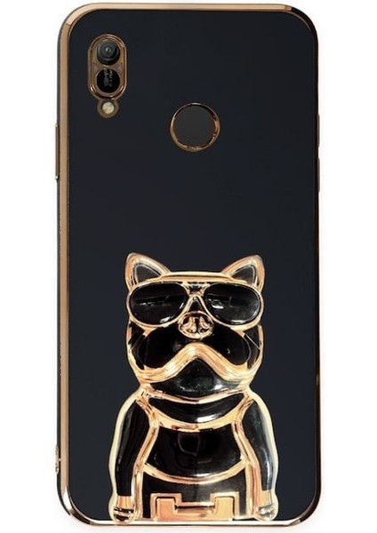 Huawei Y6 2019 Kılıf Kamera Korumalı Köpek Desenli Standlı Silikon Siyah