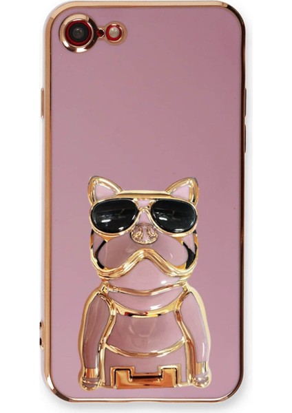 Apple iphone 7 Case Kılıf Kamera Korumalı Köpek Desenli Standlı Silikon Mor