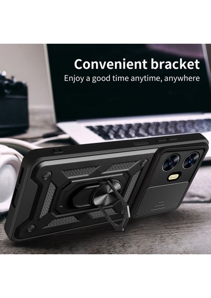Realme C55 Kılıf Sert Silikon Tank Aramid Sürgülü Vega Yüzüklü Siyah