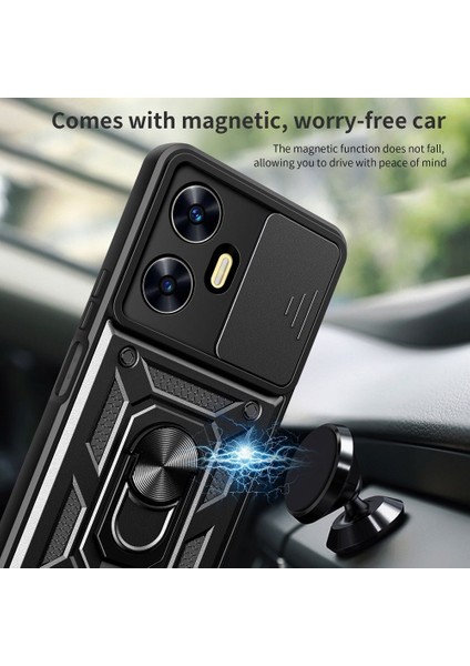 Realme C55 Kılıf Sert Silikon Tank Aramid Sürgülü Vega Yüzüklü Siyah