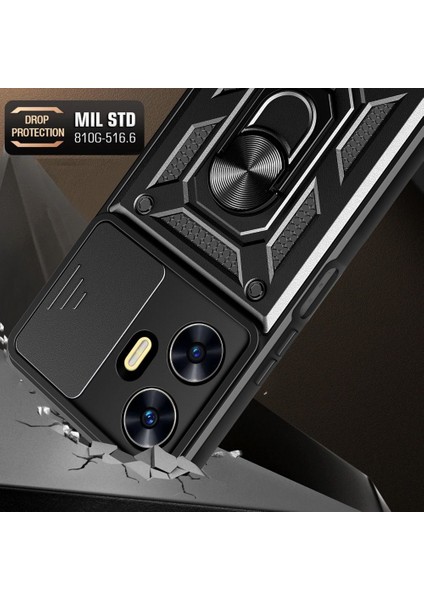 Realme C55 Kılıf Sert Silikon Tank Aramid Sürgülü Vega Yüzüklü Siyah