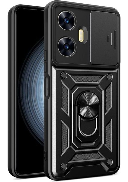 Realme C55 Kılıf Sert Silikon Tank Aramid Sürgülü Vega Yüzüklü Siyah