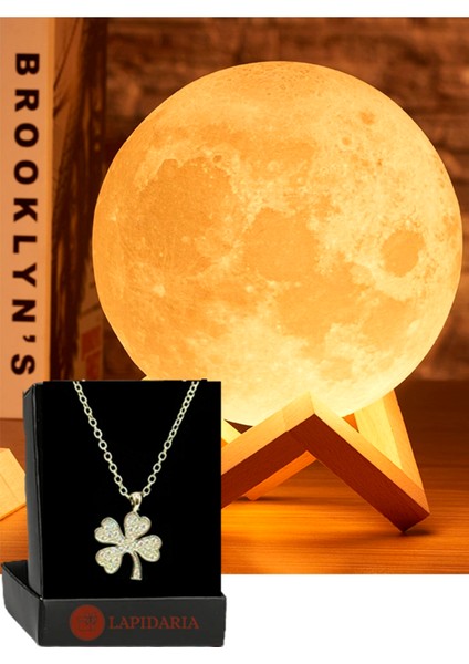 3D Ahşap Standlı Ay Gece Lambası Kalp Kolye Hediyeli Küre LED Başucu Lambası