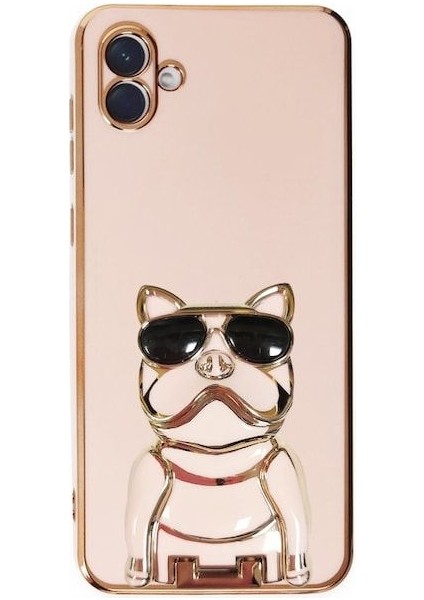 A04E Case Kılıf Kamera Korumalı Köpek Desenli Standlı Silikon Pembe
