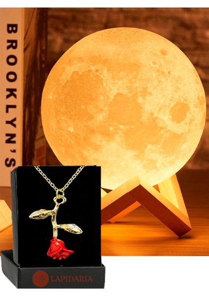 3D Ahşap Standlı Ay Gece Lambası Kalp Kolye Hediyeli Küre LED Başucu Lambası