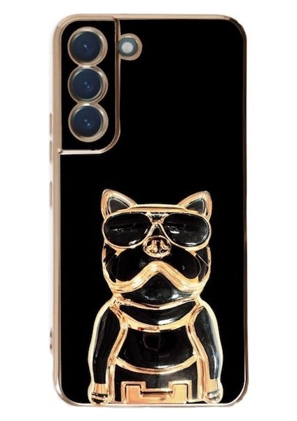 Samsung Galaxy S22 Plus 5g Case Kılıf Kamera Korumalı Köpek Desenli Standlı Silikon Siyah