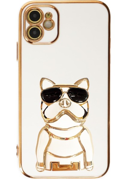 Apple iphone 11 Case Kılıf Kamera Korumalı Köpek Desenli Standlı Silikon Beyaz