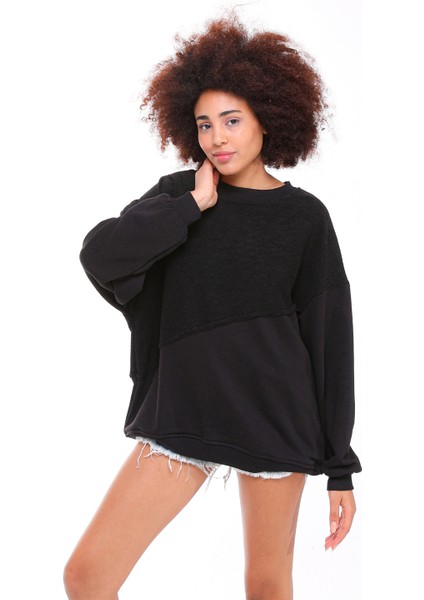 Fancy Kadın Bisiklet Yaka Garnili Sırt Detaylı Oversize Tarz Sweatshirt