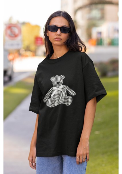 Ekose Bear Baskılı Oversize T-Shirt
