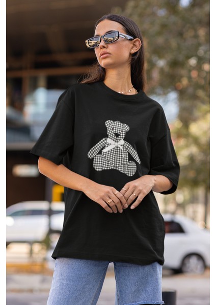 Ekose Bear Baskılı Oversize T-Shirt modelleri