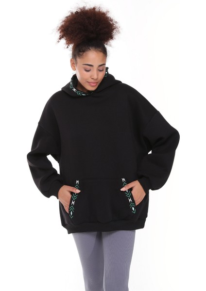 Fancy Kadın Kapüşonlu İçi Pamuklu Yumuşacık Nakış Detaylı Oversize Kalın Sweatshirt