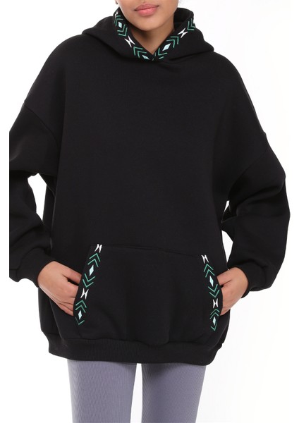 Fancy Kadın Kapüşonlu İçi Pamuklu Yumuşacık Nakış Detaylı Oversize Kalın Sweatshirt