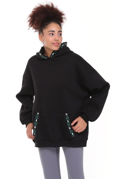 Fancy Kadın Kapüşonlu İçi Pamuklu Yumuşacık Nakış Detaylı Oversize Kalın Sweatshirt