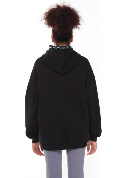 Fancy Kadın Kapüşonlu İçi Pamuklu Yumuşacık Nakış Detaylı Oversize Kalın Sweatshirt