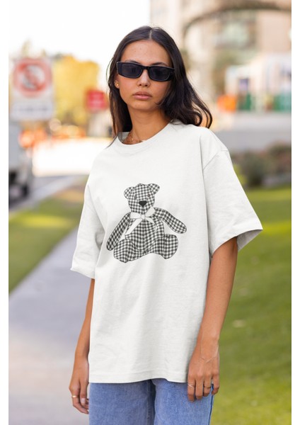 Ekose Bear Baskılı Oversize T-Shirt