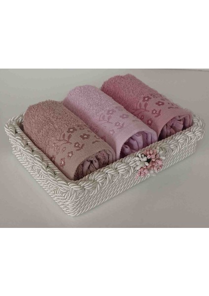 Örgü Havlulu Sepet 3 Adet 30*50 cm Pamuklu Ufak Havlu ve Sepet Hediyelik Bohçalık Çeyizlik