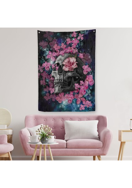 Kafa ve Pembe Çiçekler Kanvas Duvar Örtüsü - Halısı -5234