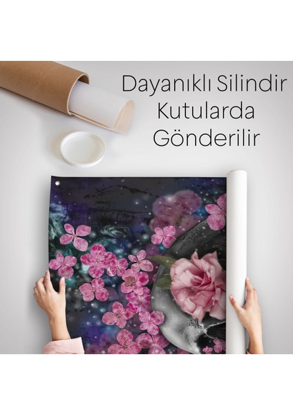 Kafa ve Pembe Çiçekler Kanvas Duvar Örtüsü - Halısı -5234