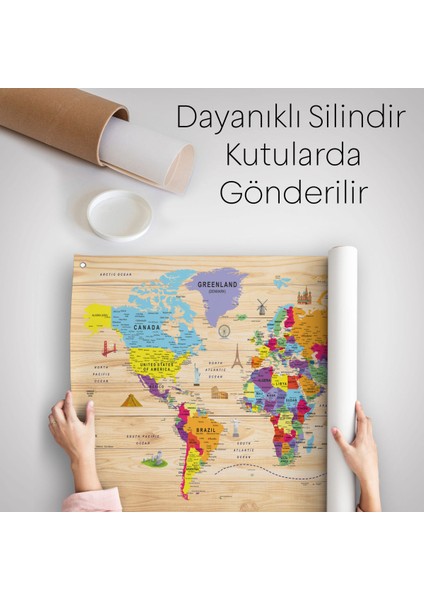 Ahşap Görünümlü Eğitici Detaylı Atlası Dekoratif Dünya Haritası Duvar Örtüsü-Halısı 3842