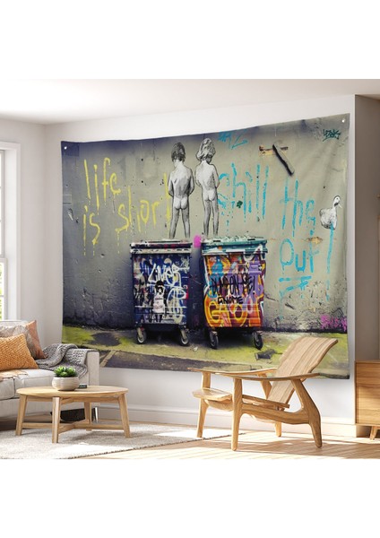 Bansky Çöp Kutusuna Işeyen Çocuklar Kanvas Duvar Örtüsü-Halısı / Hayat KISA-5154